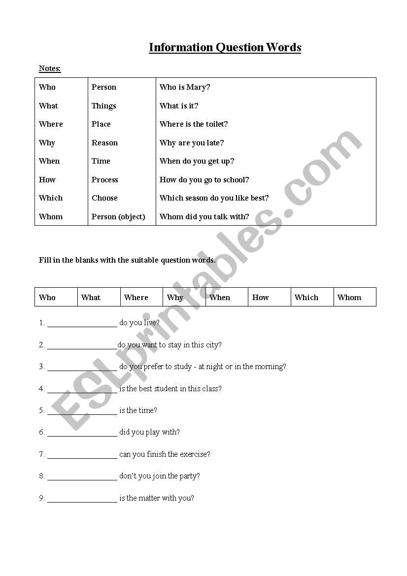 Question words worksheet