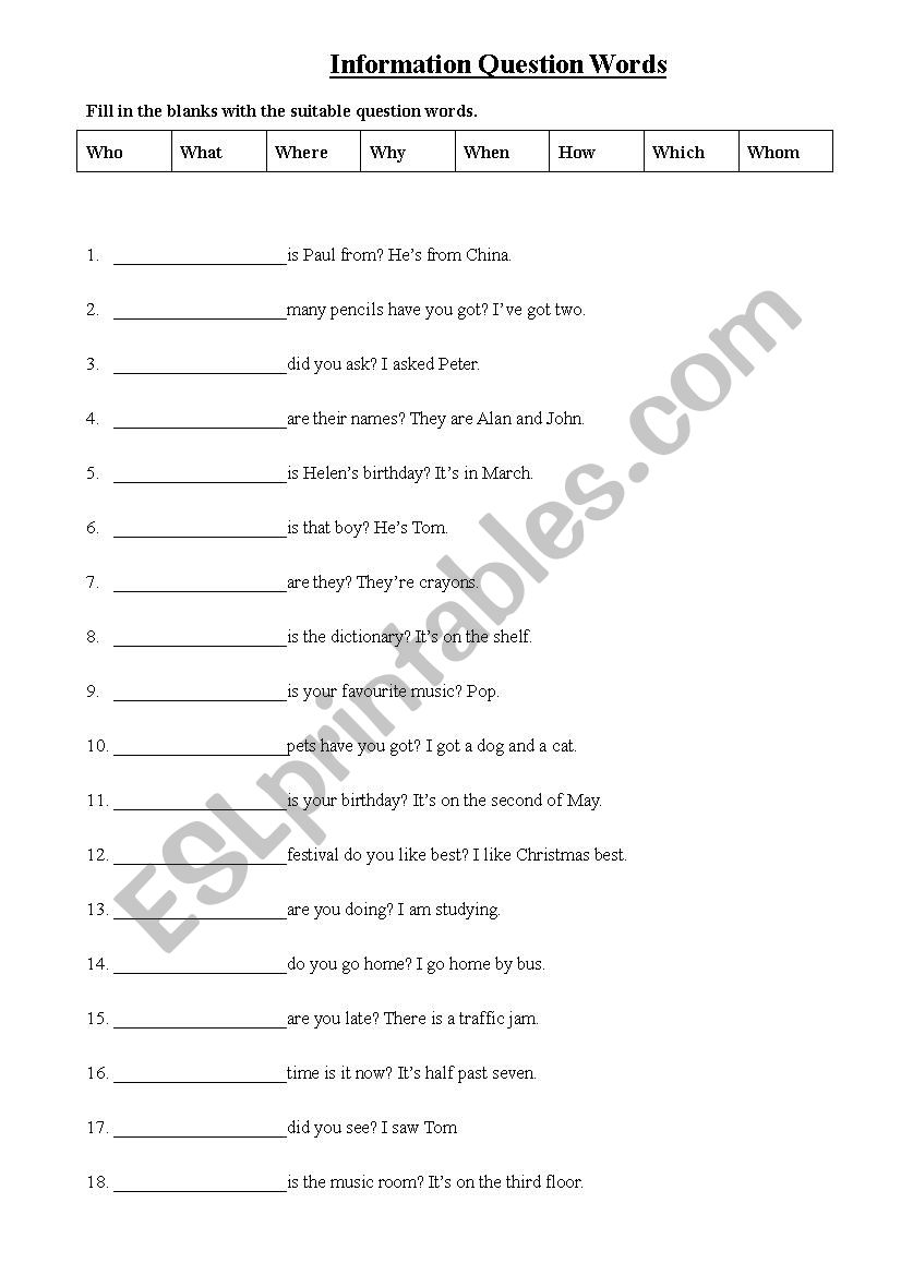 Question words worksheet