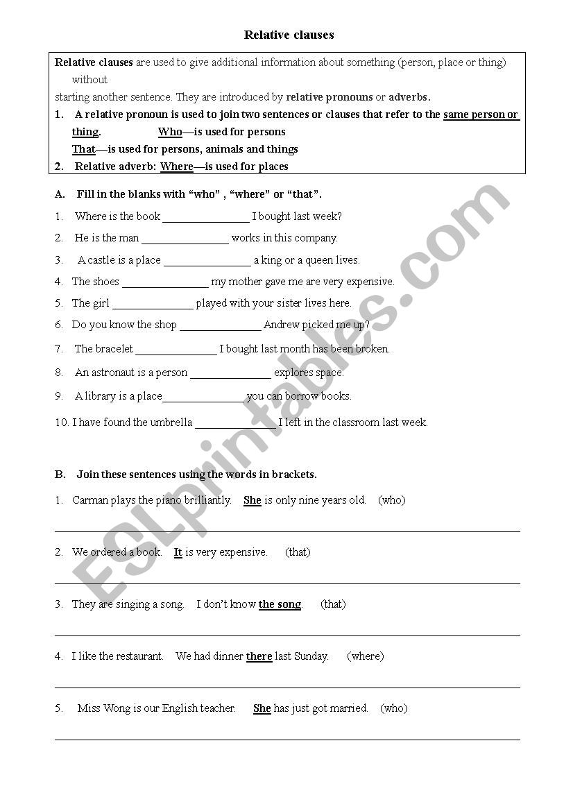 Relative clauses worksheet