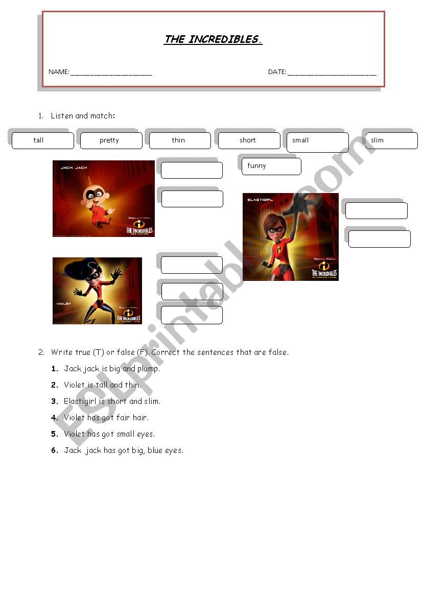 The incredibles worksheet- Physical appeareance