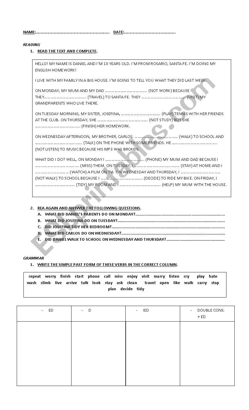 simple past - regular verbs worksheet