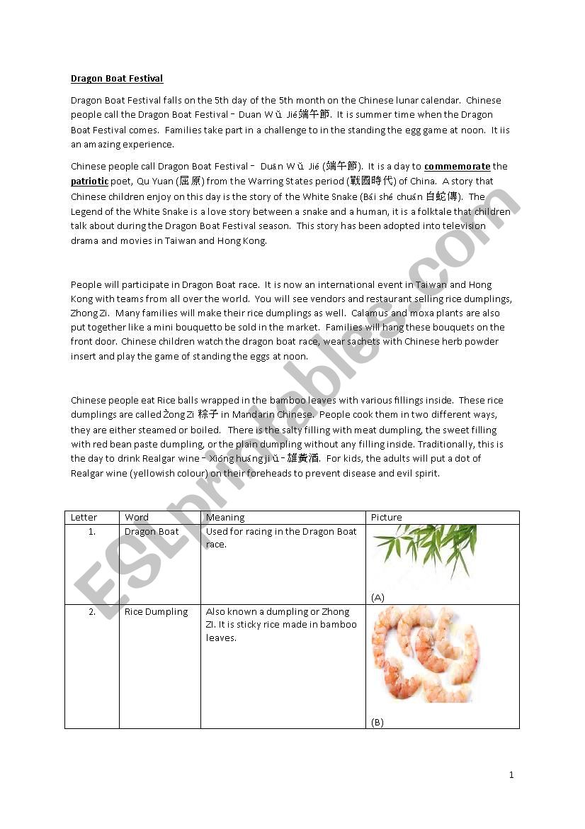 dragon boat festival - esl worksheet by sunwolf71