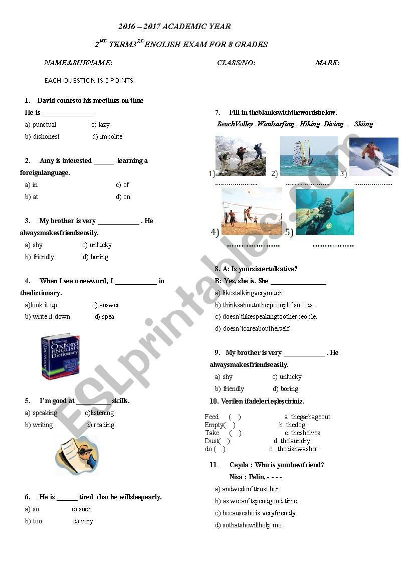 8. grade exam worksheet