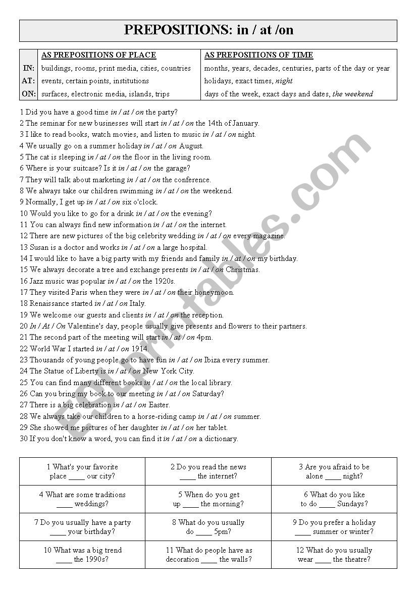 Prepositions: IN/AT/ON worksheet
