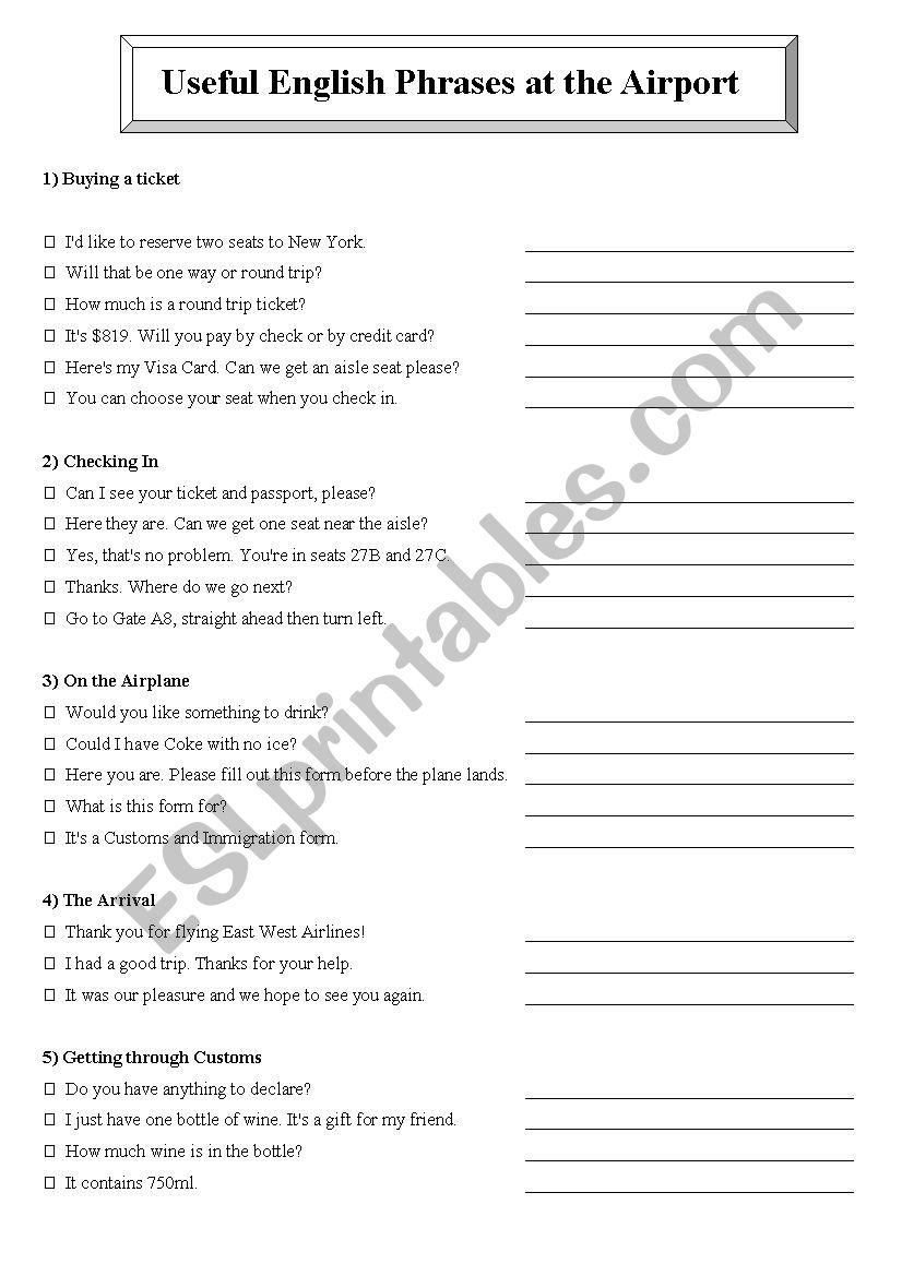 Airport Expressions worksheet
