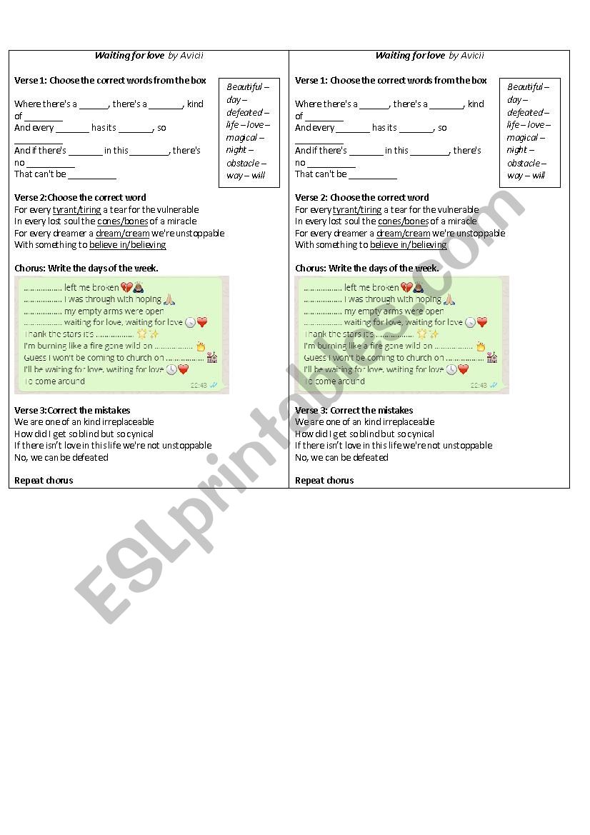 Waiting for love - Avicii worksheet