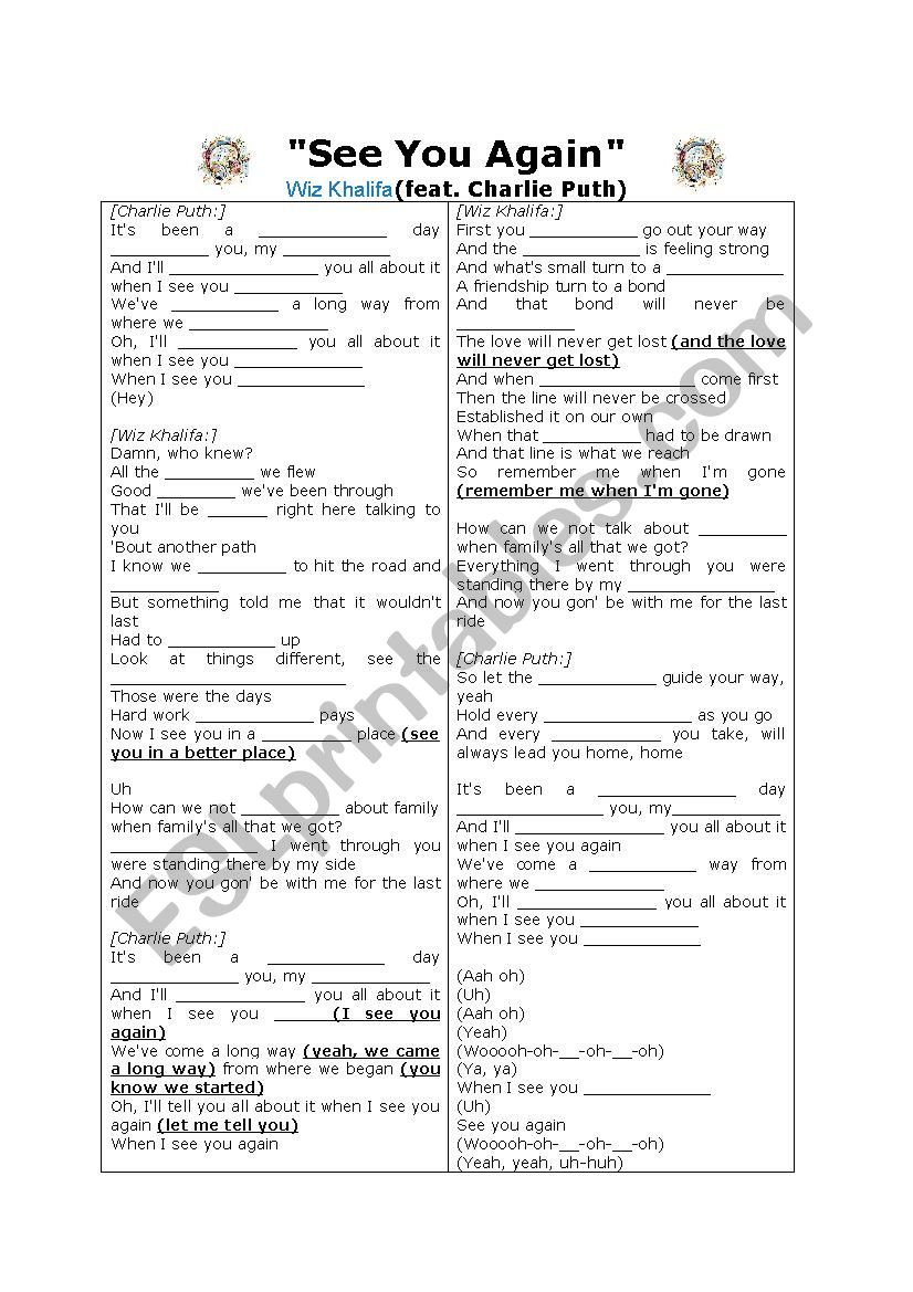 See you again - Wiz Khalifa worksheet