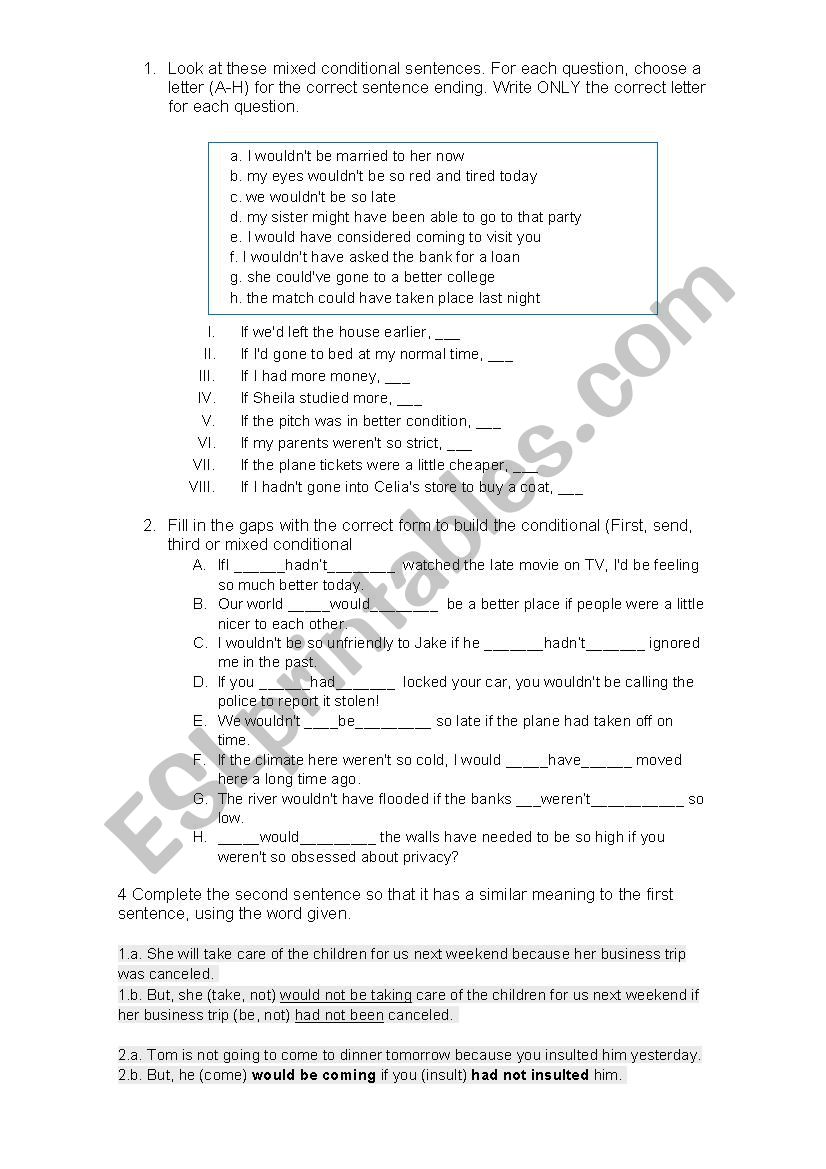 Mixed conditional sentences worksheet