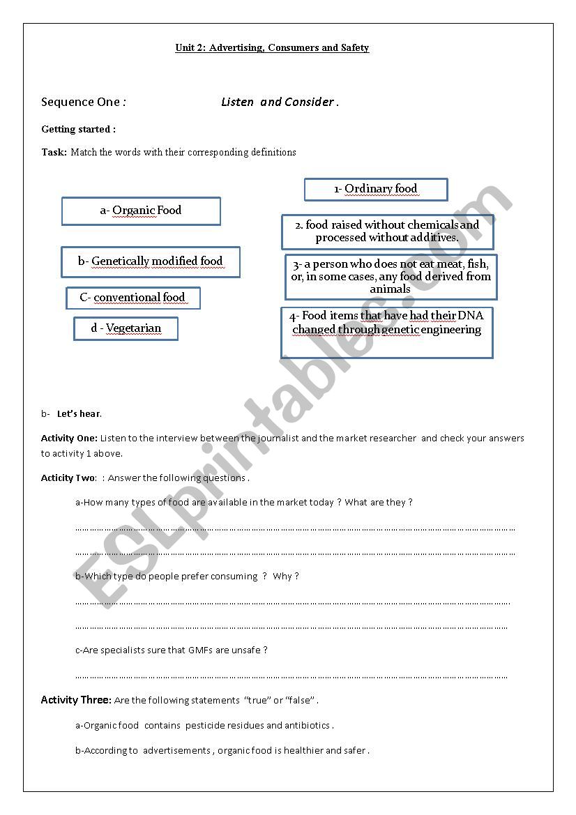                                                   Unit 2: Advertising, Consumers and Safety  Sequence One : Listen  and Consider .	