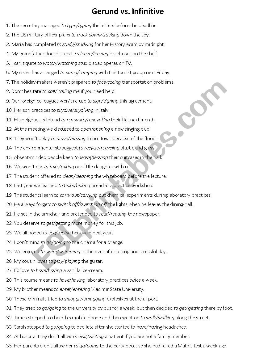 Gerund or Infinitive worksheet