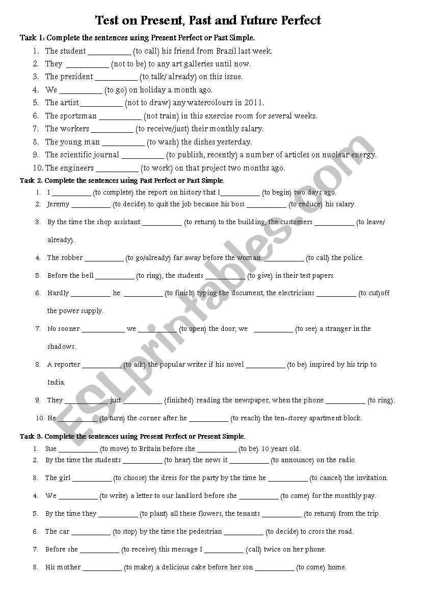 Present, Past, Future Perfect worksheet