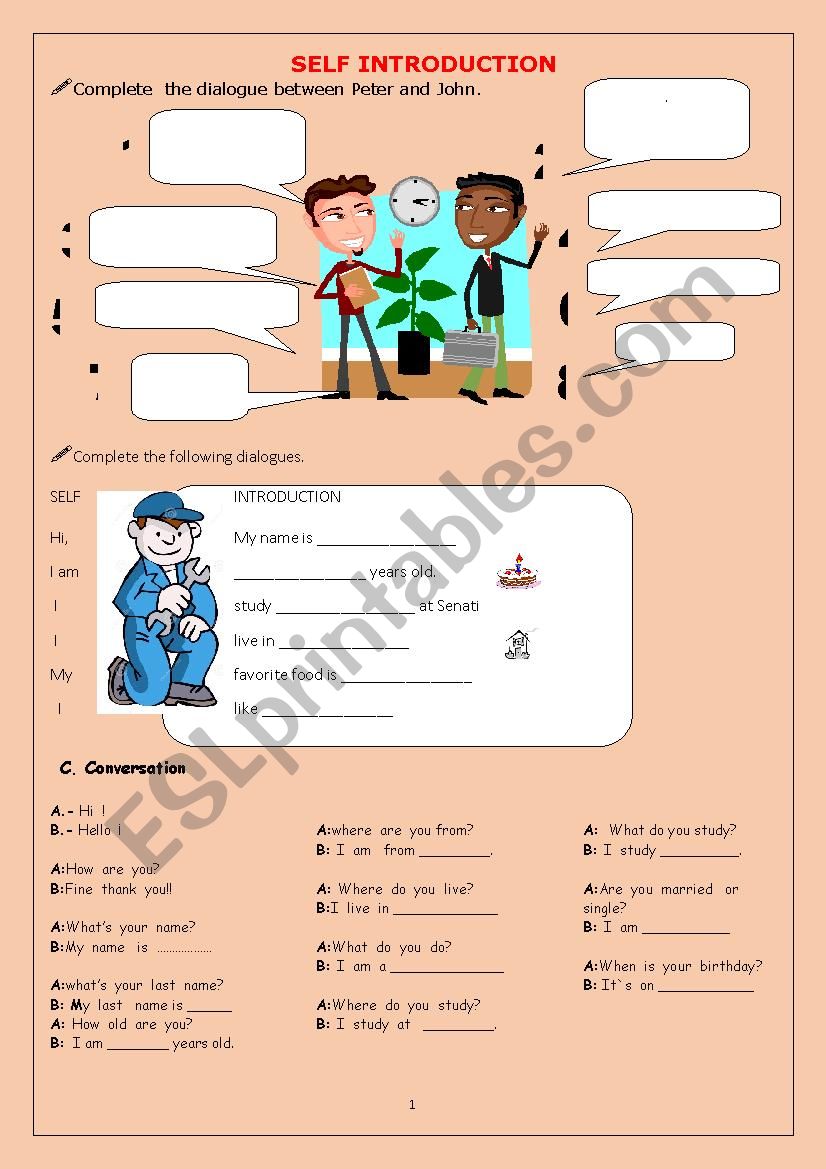 SELF INTRODUCTION worksheet