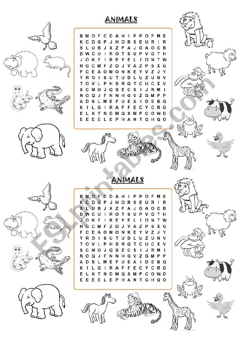 Animals WordSearch worksheet