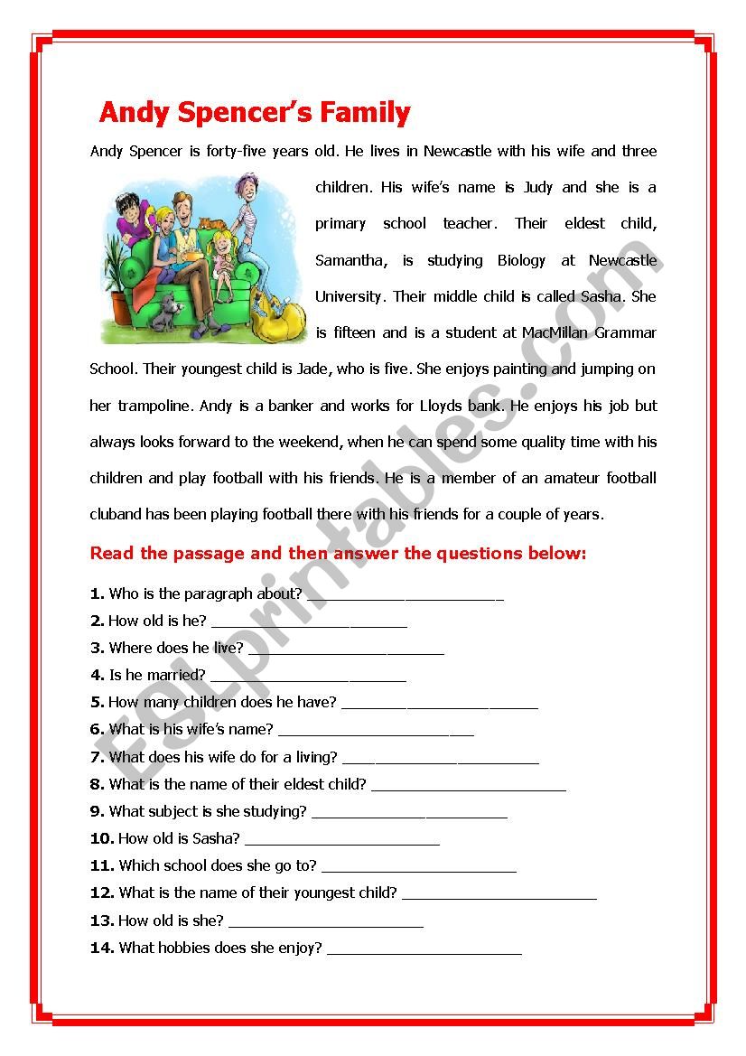 Andy Spencers Family worksheet
