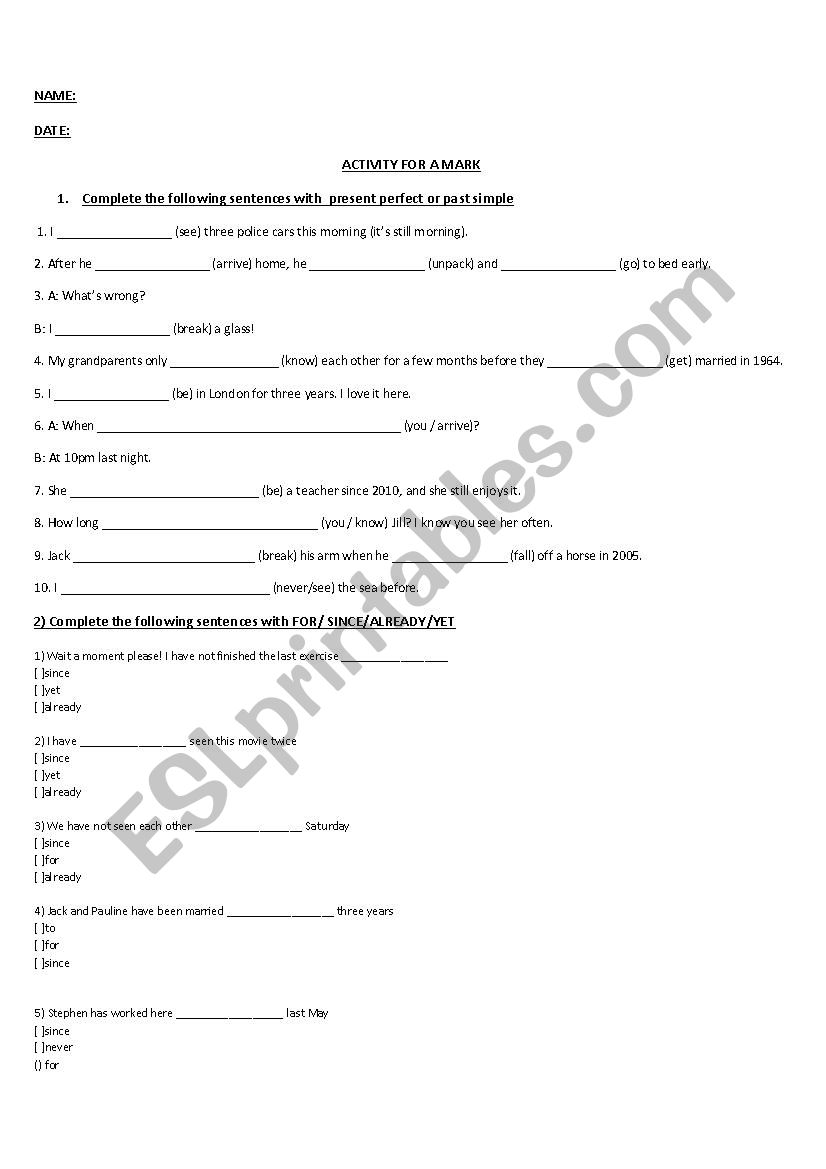 PRESENT PERFECT worksheet