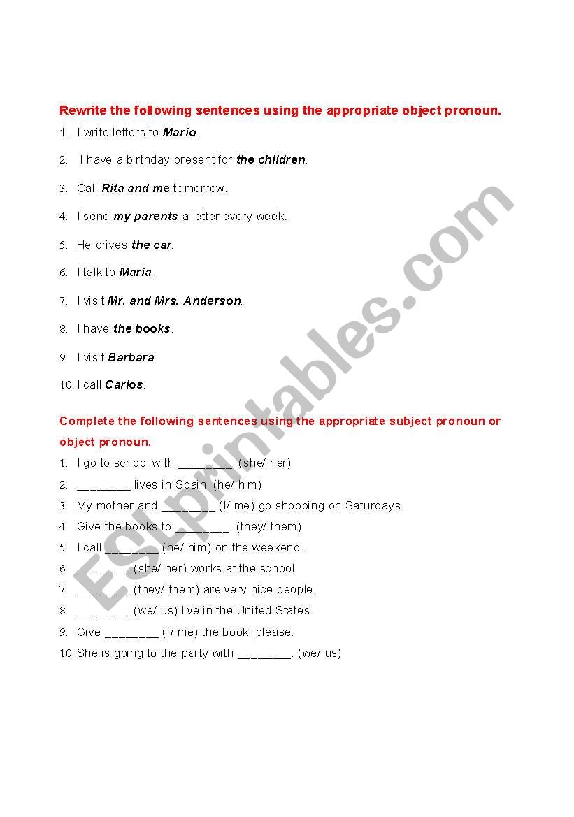 Exercise on Object Pronoun worksheet