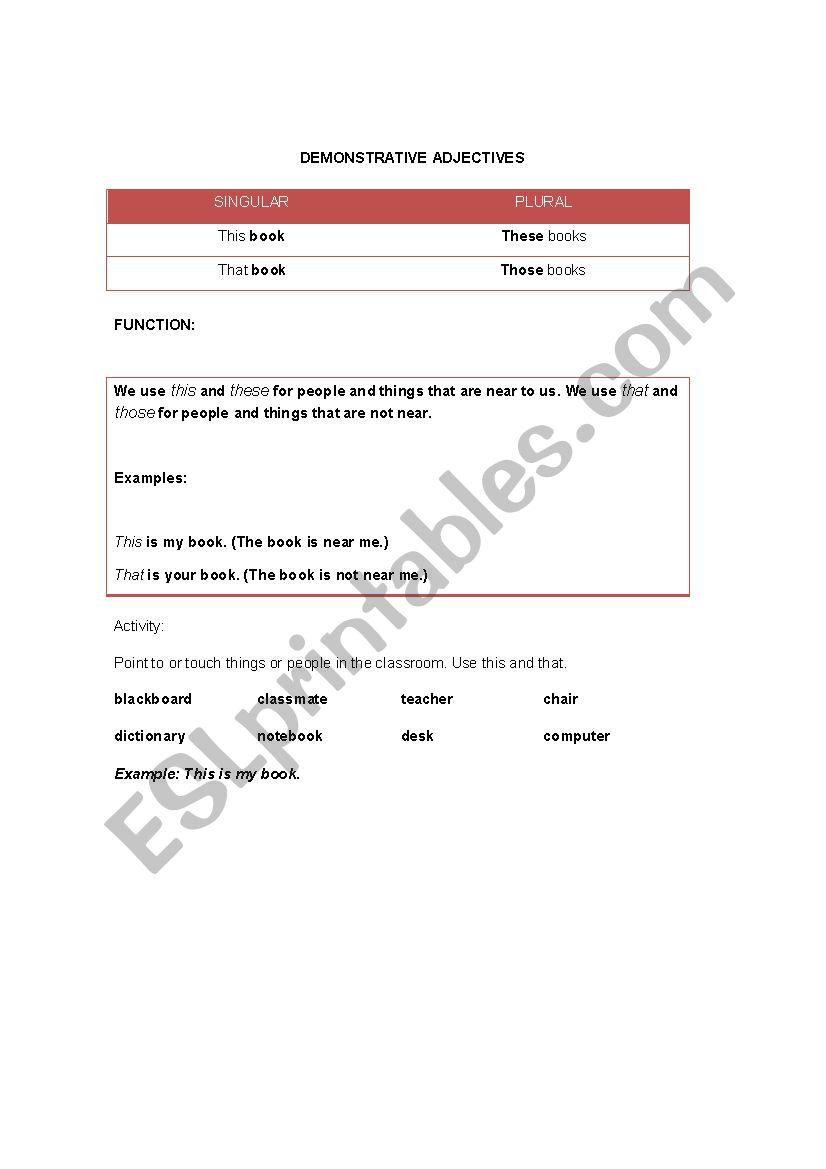 Demonstrative Adjectives worksheet