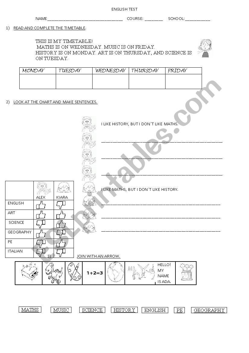 primary test worksheet