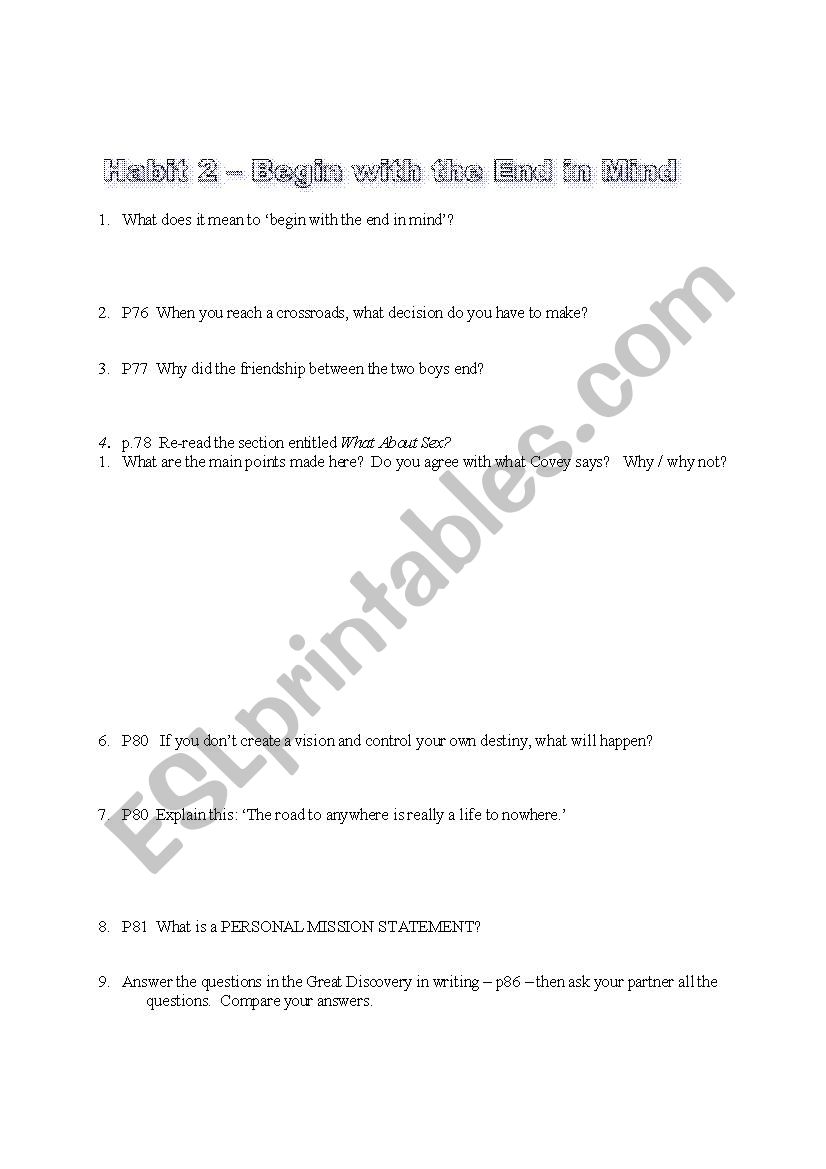 The 7 Habits Of Highly Effective Teens Esl Worksheets Habit 2 Begin With The End In Mind Esl Worksheet By Chris Herring