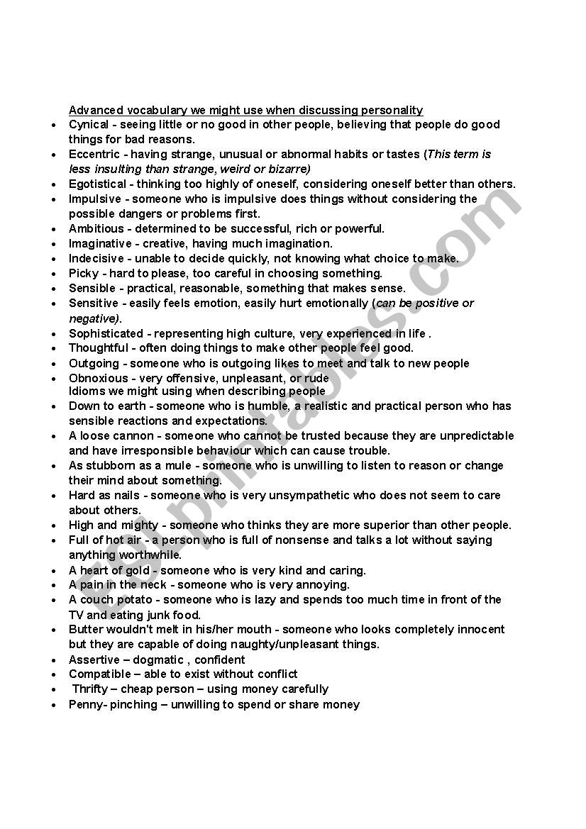 personality- vocabulary  worksheet