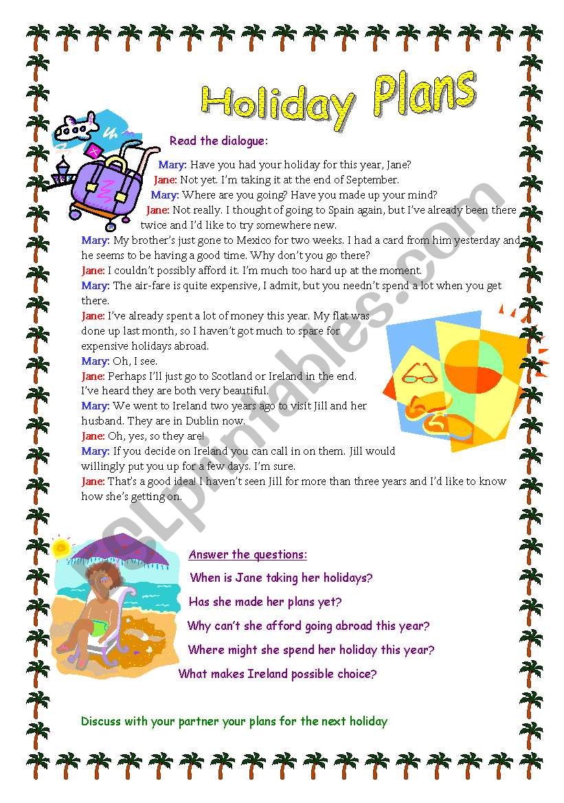 Holiday plans (travels) worksheet