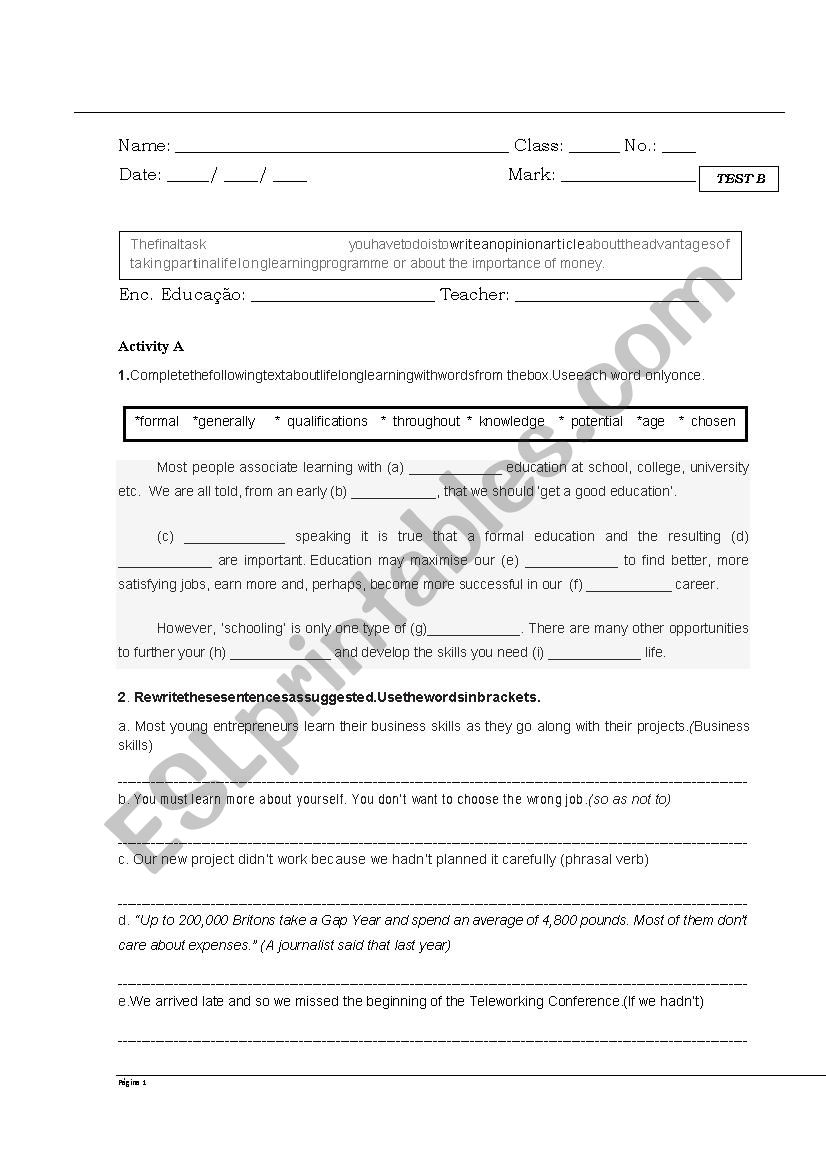 Life Learning Test_test B worksheet
