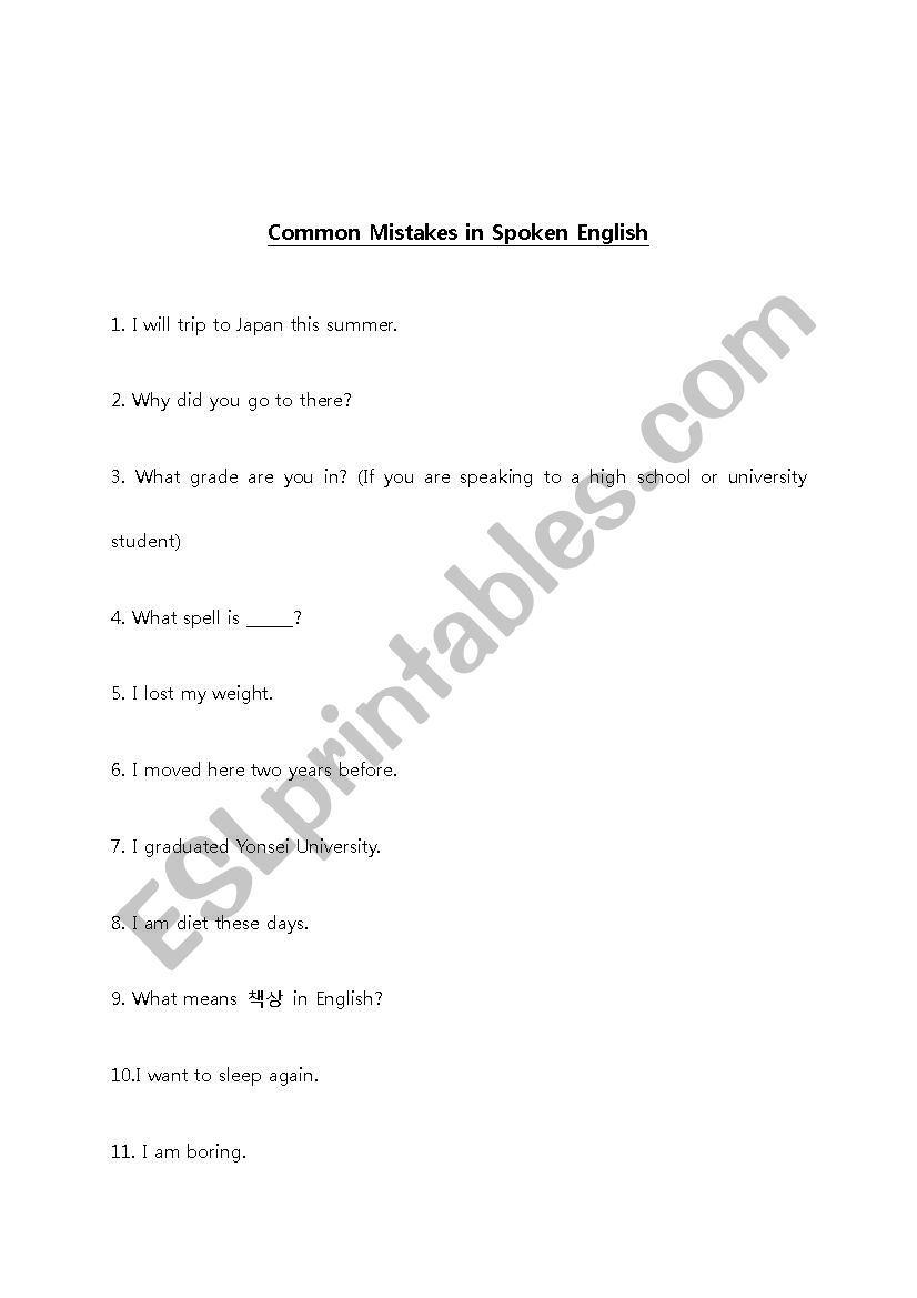 Common English Mistakes: Student Worksheet