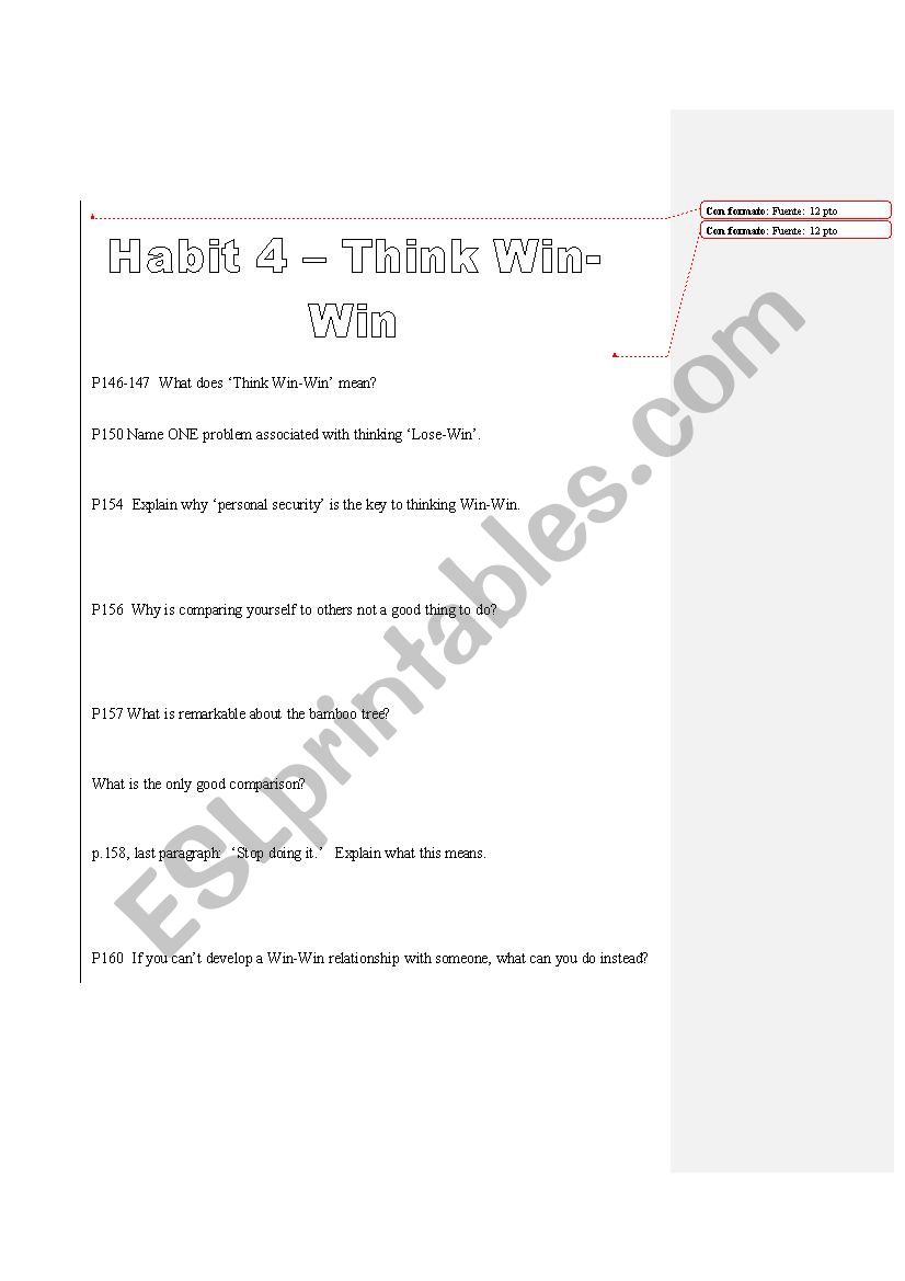 The 7 Habits of Highly Effective Teens - ESL Worksheets. Habit 4: Think Win Win