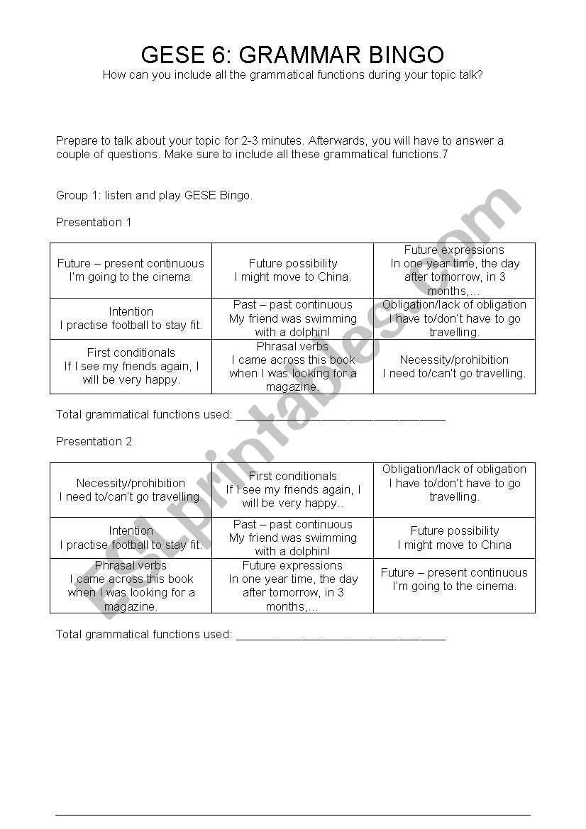 GESE 6 grammar bingo worksheet