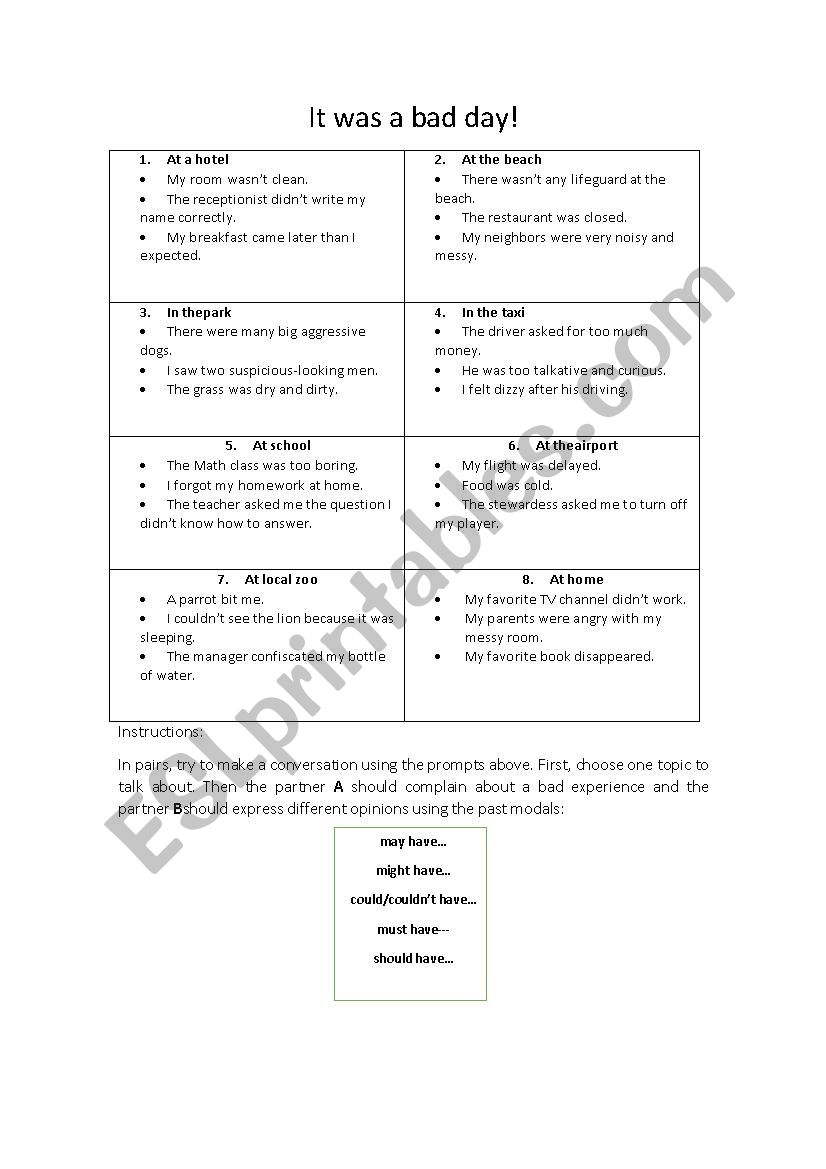 Past Modals speaking activity worksheet