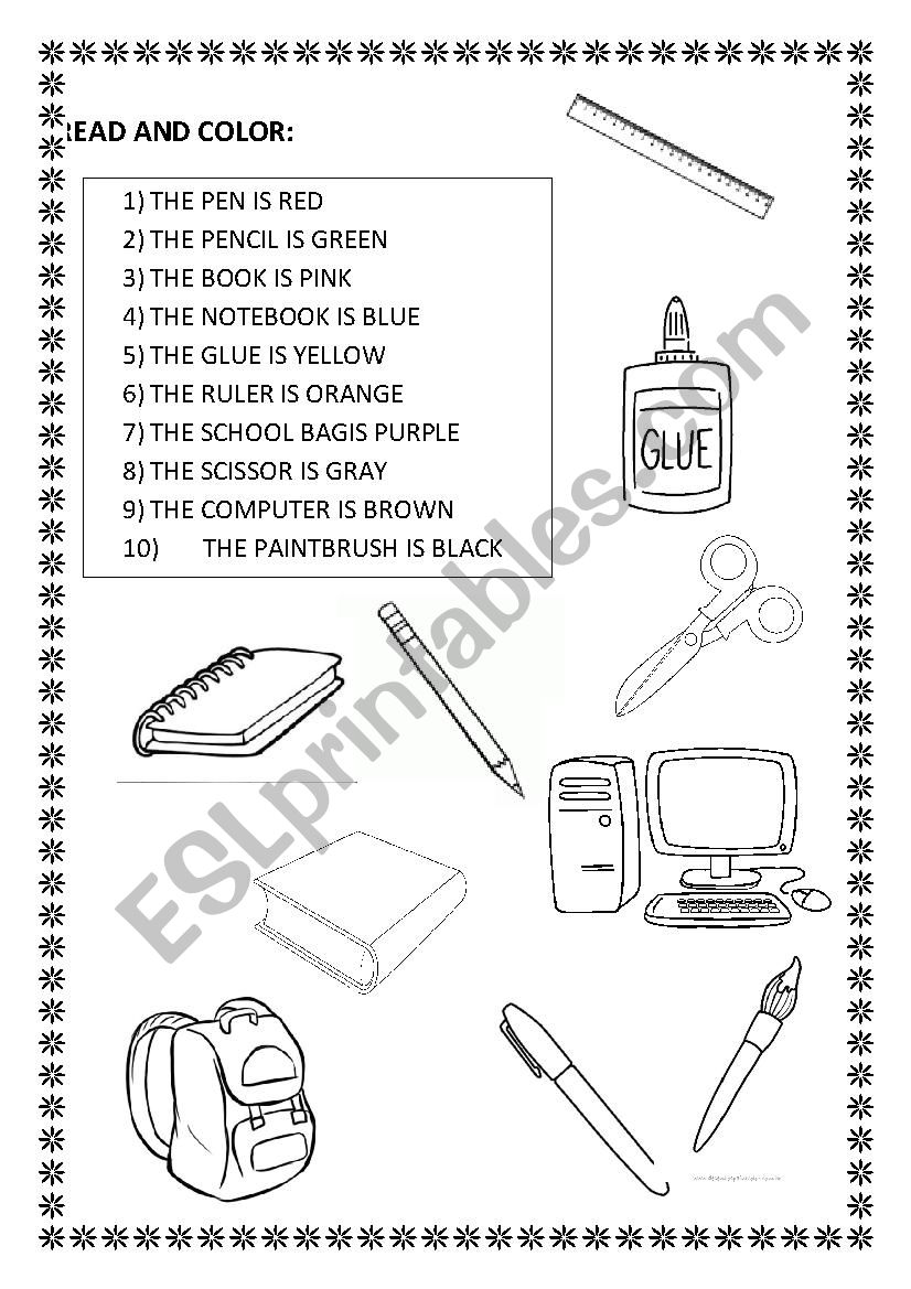 SCHOOL OBJECTS AND COLORS worksheet