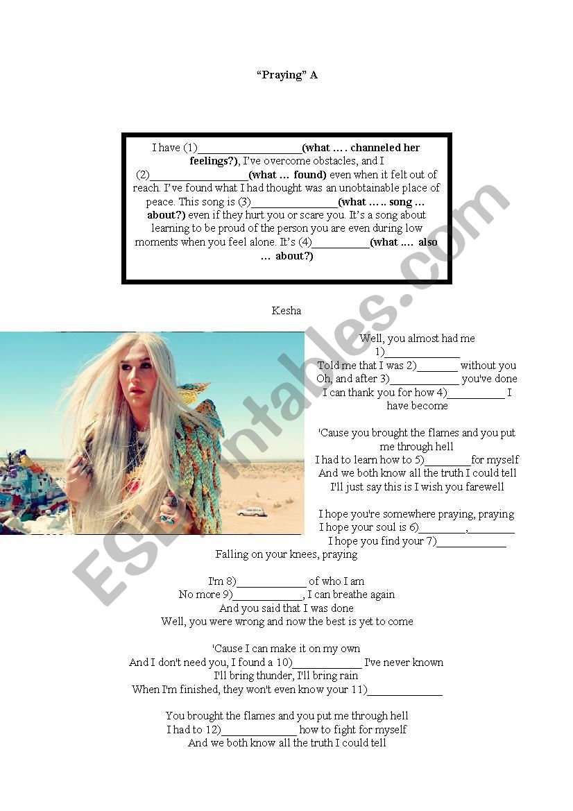 Kesha - Praying  worksheet