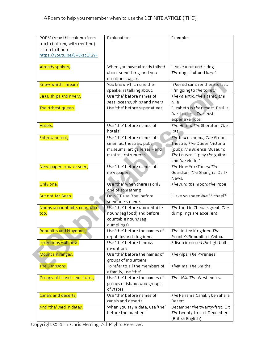 Definite Article Poem worksheet