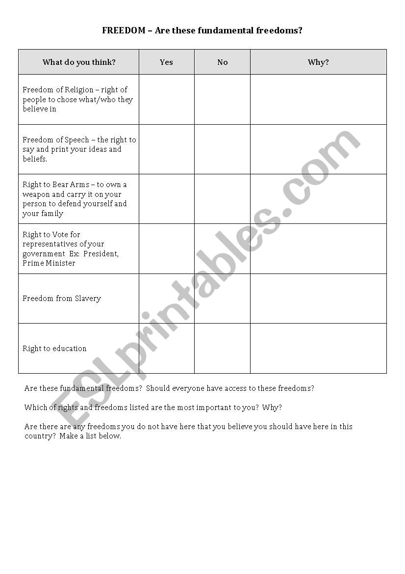 Freedoms worksheet