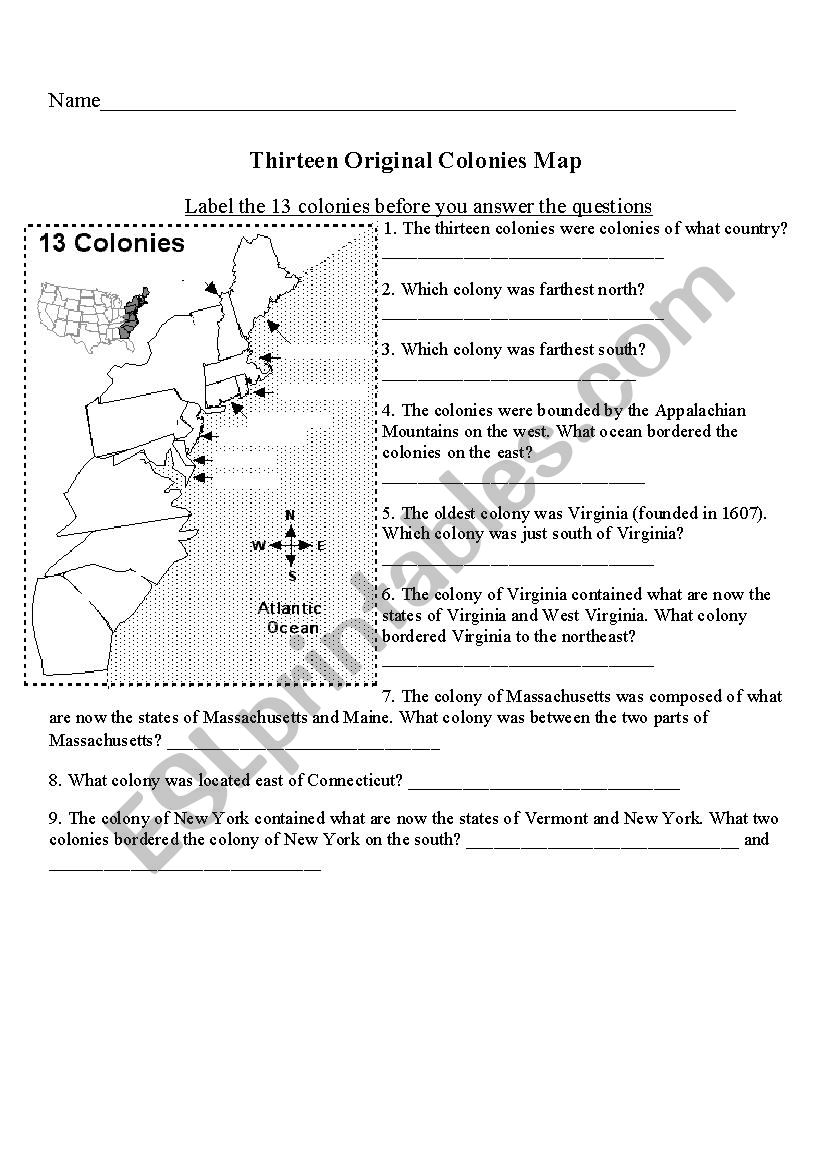 Label the 13 Colonies worksheet