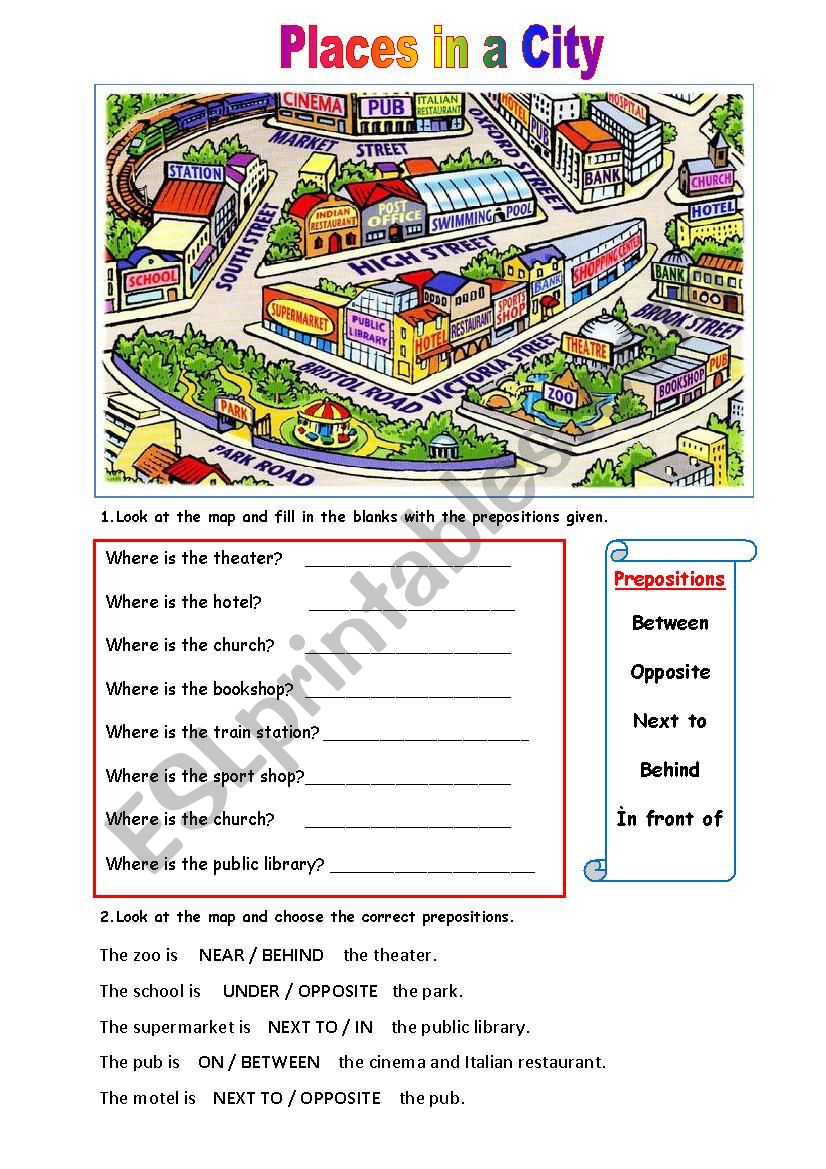Places in a city prepositions worksheet