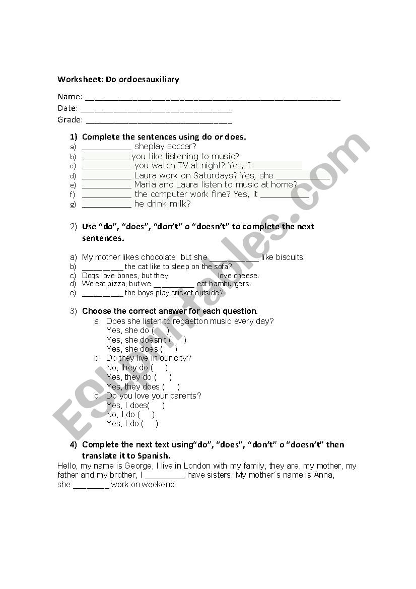 auxiliary do or does test worksheet