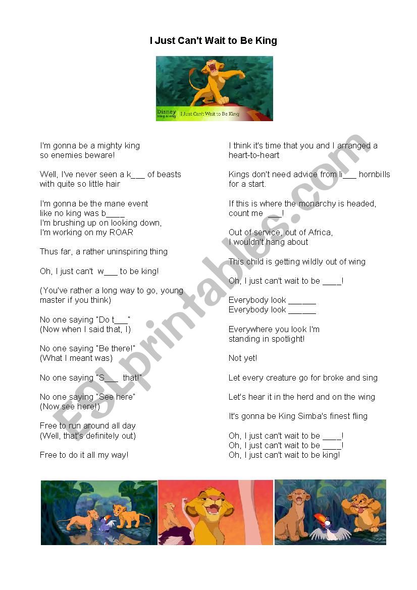 The Lion King Song: I Just can´t wait to be king (Easy) - ESL worksheet by simba123