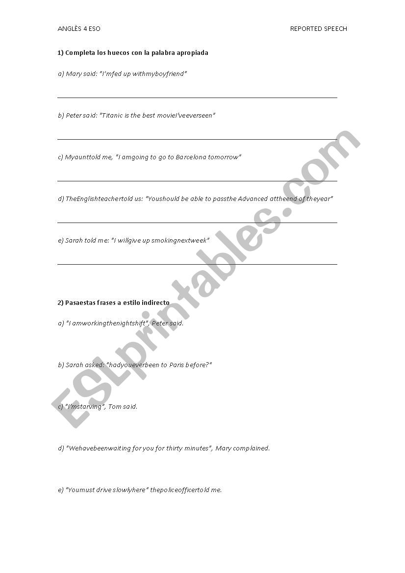 reported speech worksheet