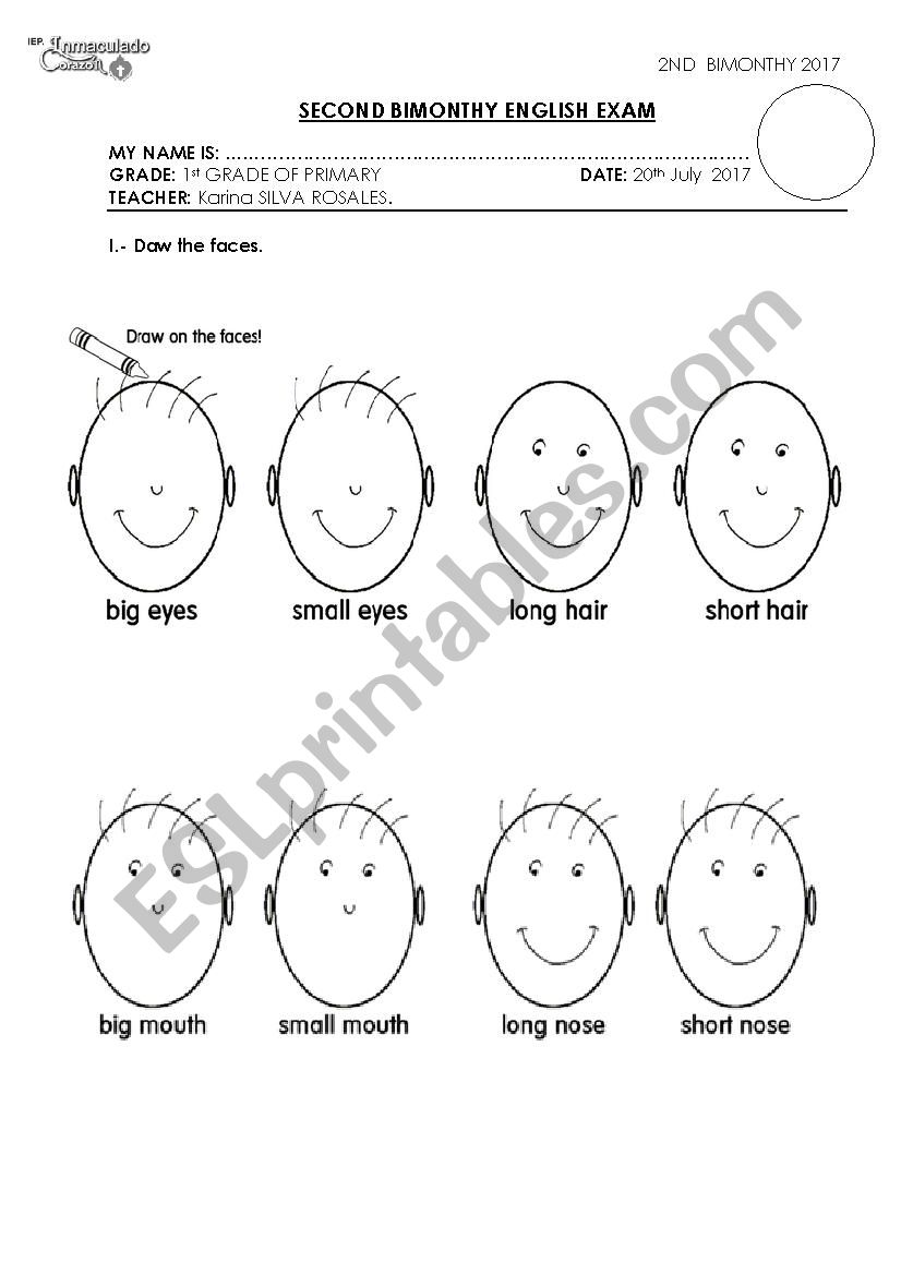 parts of the face worksheet