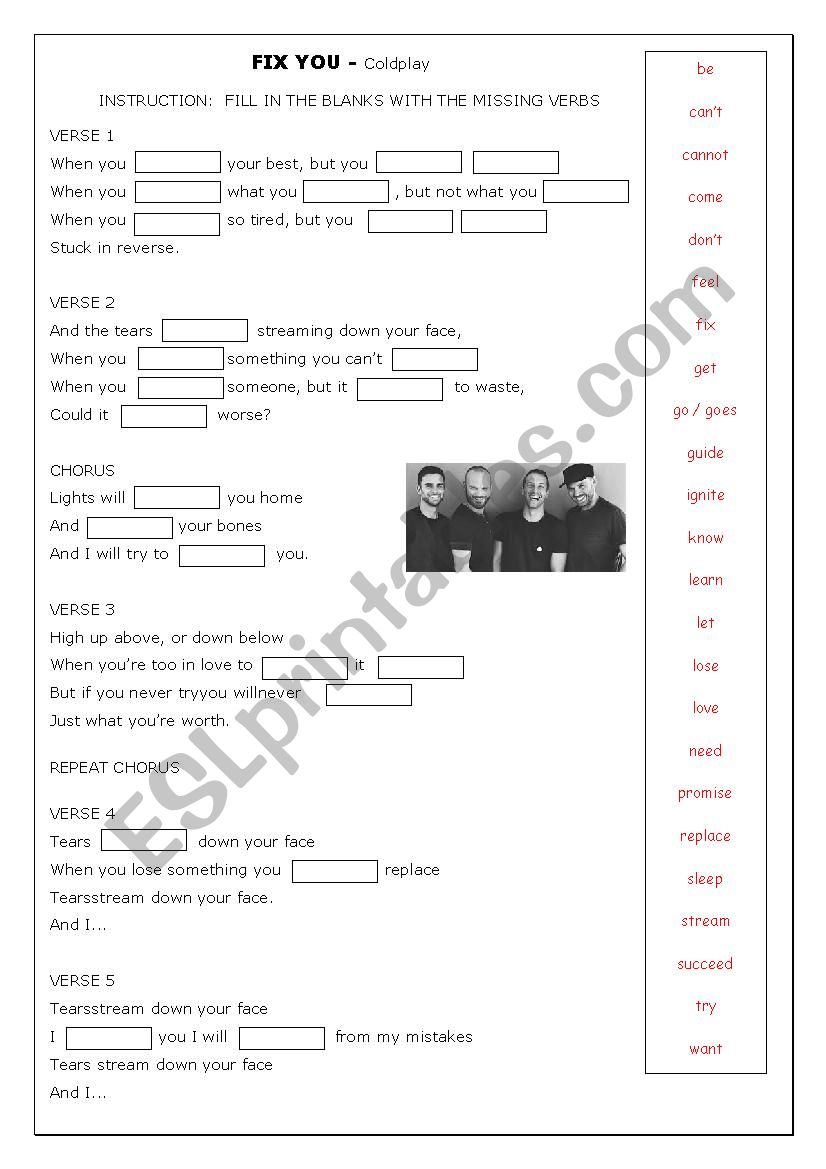 Present Simple: Fix You by Coldplay Gapfill