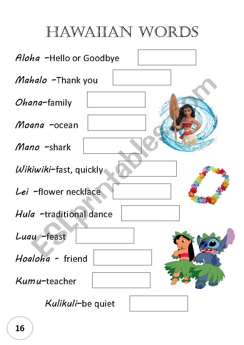 Hawaiian Words worksheet