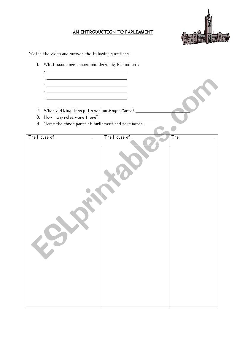 British Parliament worksheet