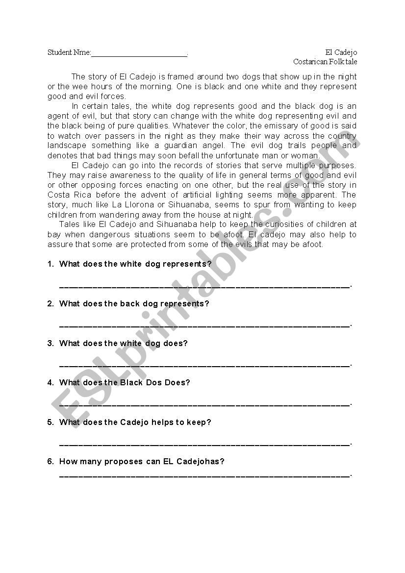 The story of El Cadejo  worksheet