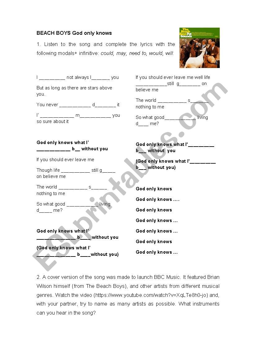 Beach Boys God only knows worksheet
