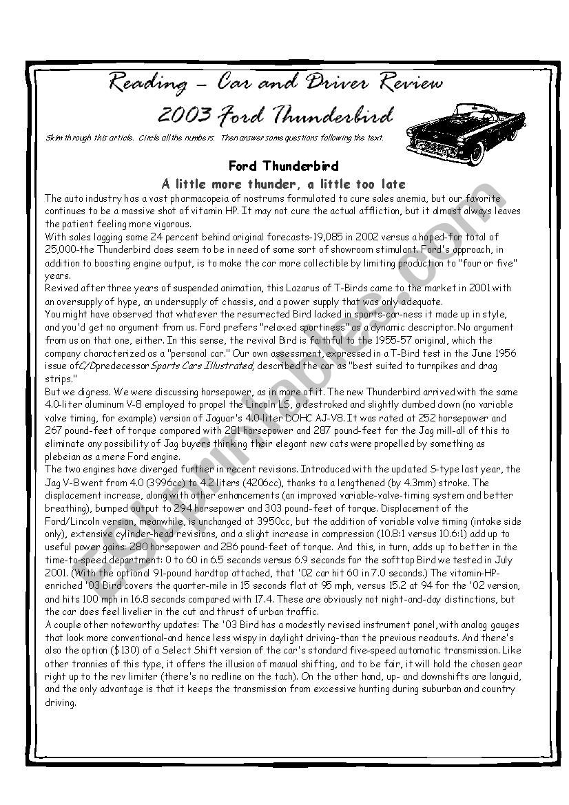 Car Review Reading Exercise worksheet