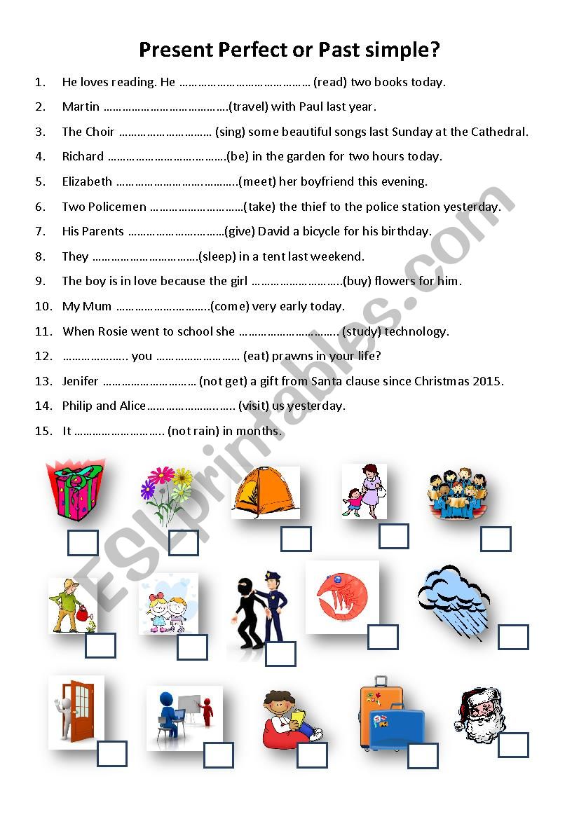 Present Perfect or Past Simple exercises and picture matching worksheet