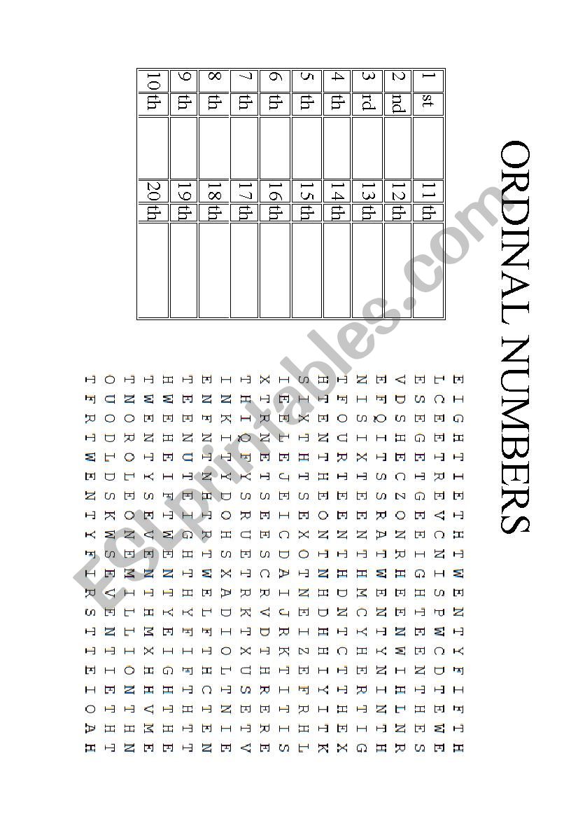 ordinal numbers wordsearch worksheet
