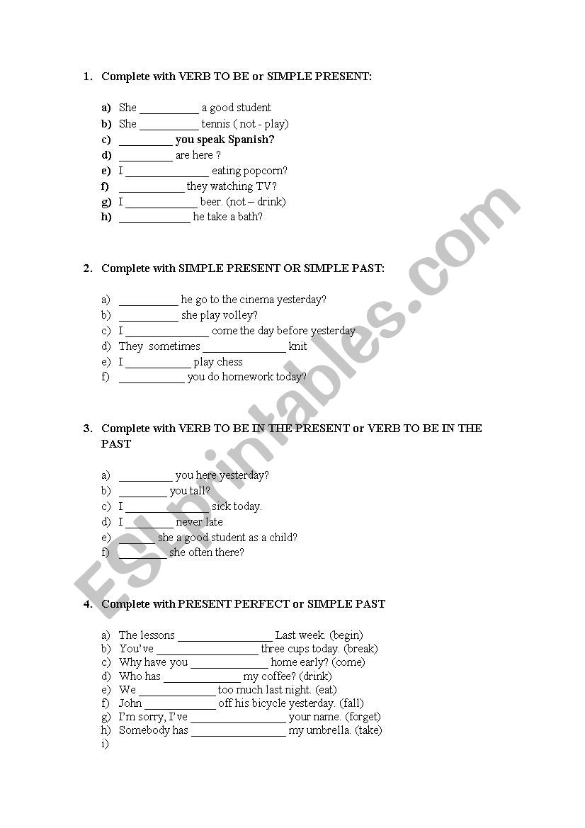 Verbs tense review worksheet