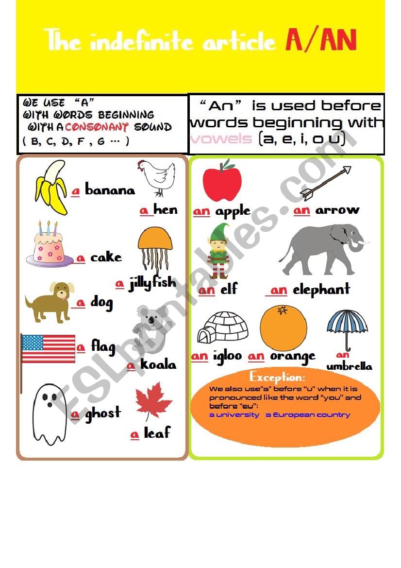 A achor chart of the indefinite article a/an.